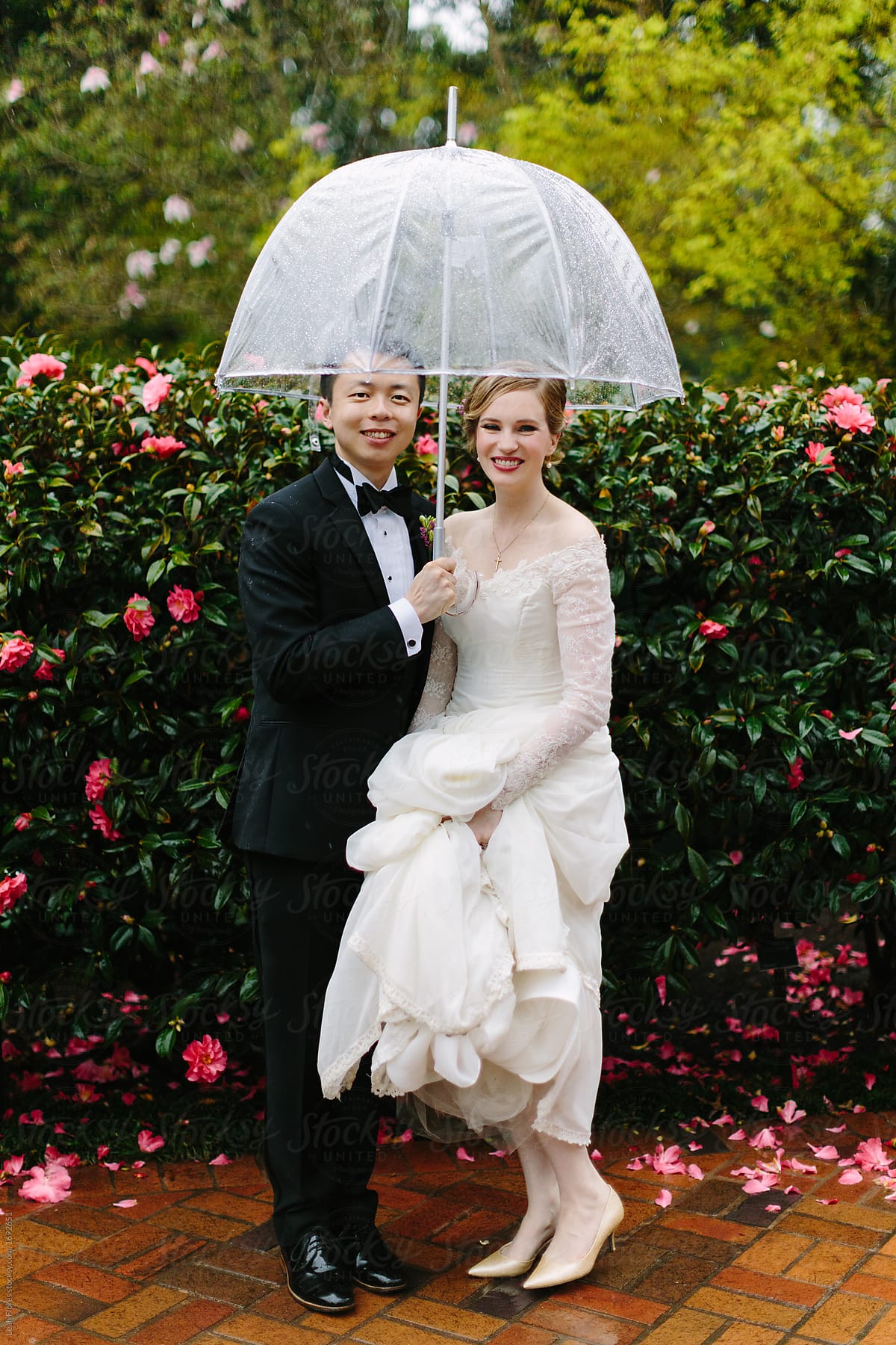 Wedding Couple Posed under Umbrella