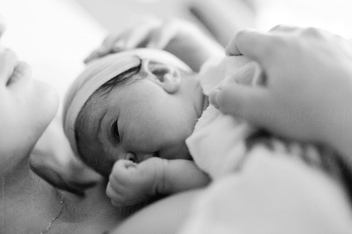 Black and White Close Up of a Newborn right after Birth