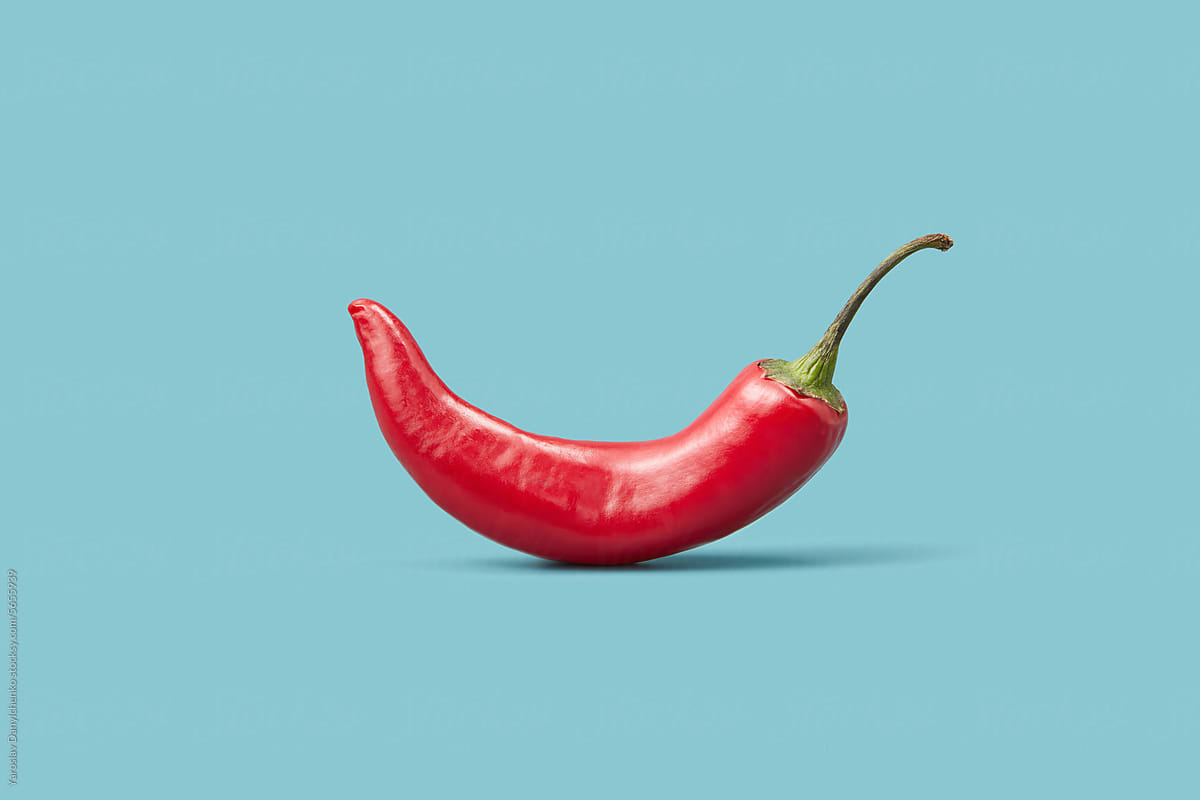 Red chili pepper with green stalk over blue studio background