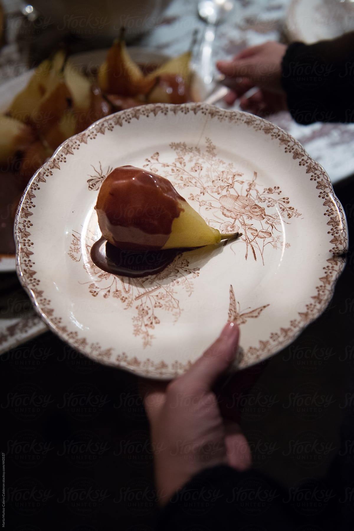 Cooked pear with chocolate