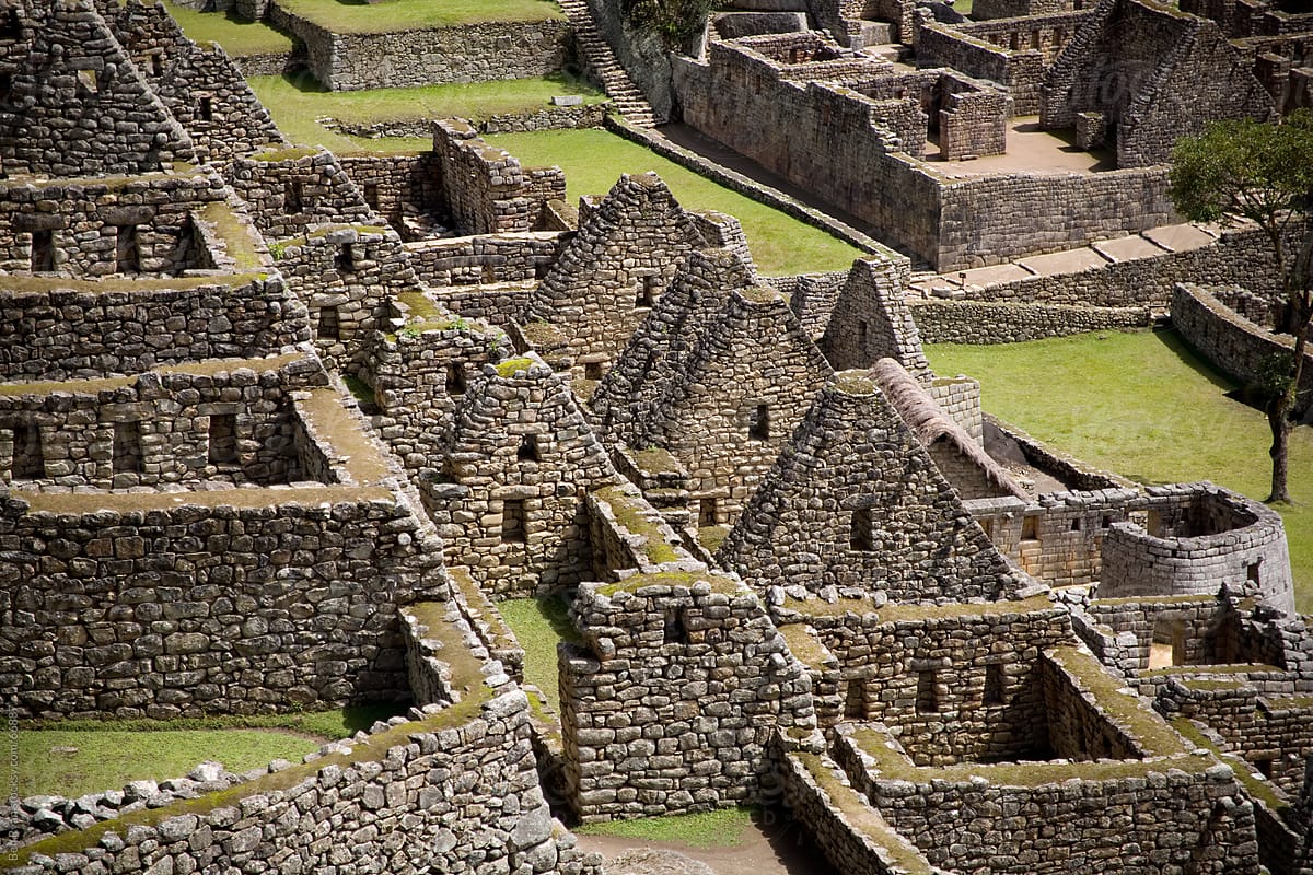 Machu Picchu: detail view of the stone walls of the citadel in Peru