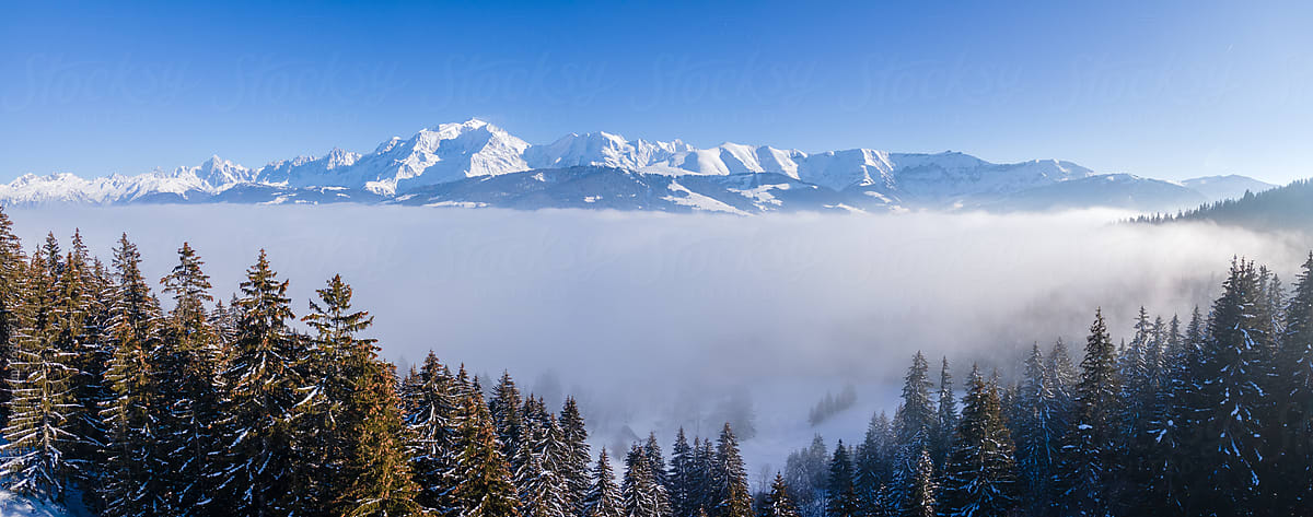 panorama of Mont Blanc mountain in France, winter landscape in Alps