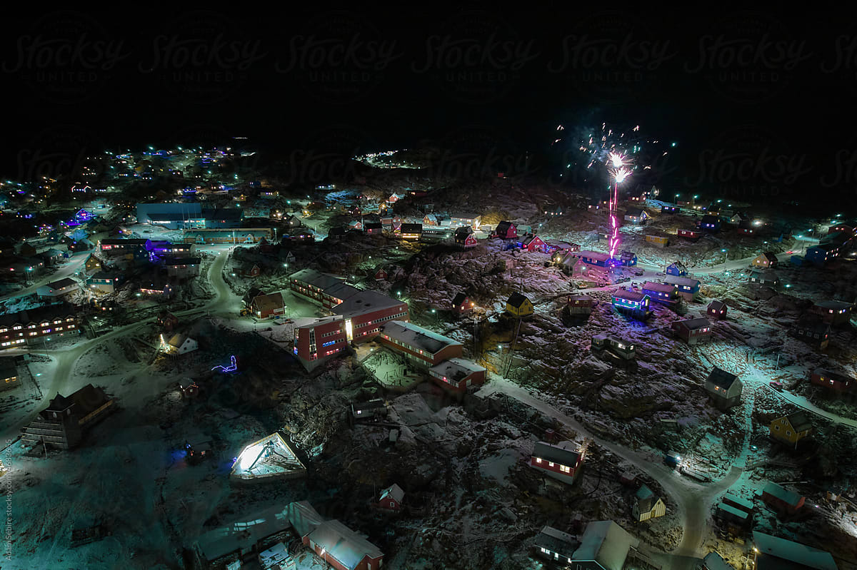 New year\'s eve fireworks at Uummannaq Greenland, middle of polar night