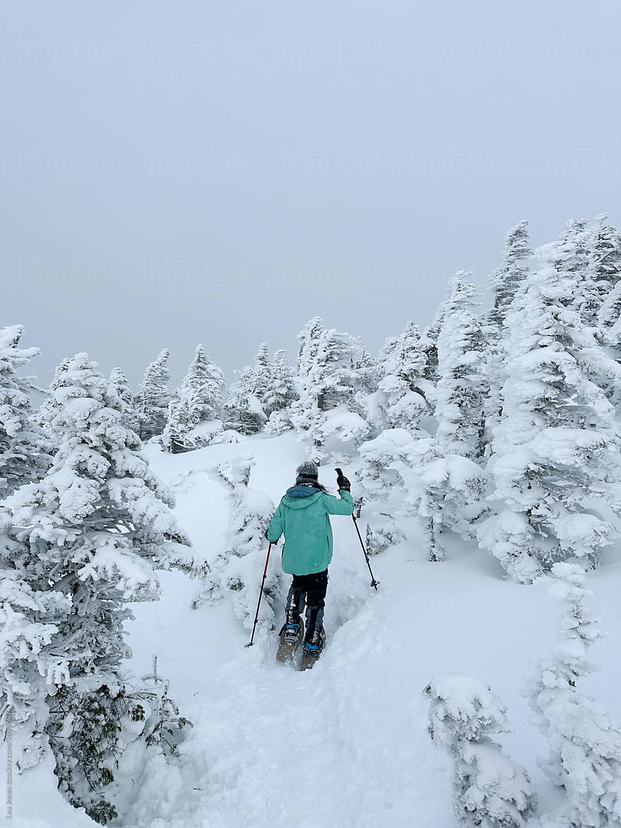 UGC person hiking in frozen landscape in White Mountains NH