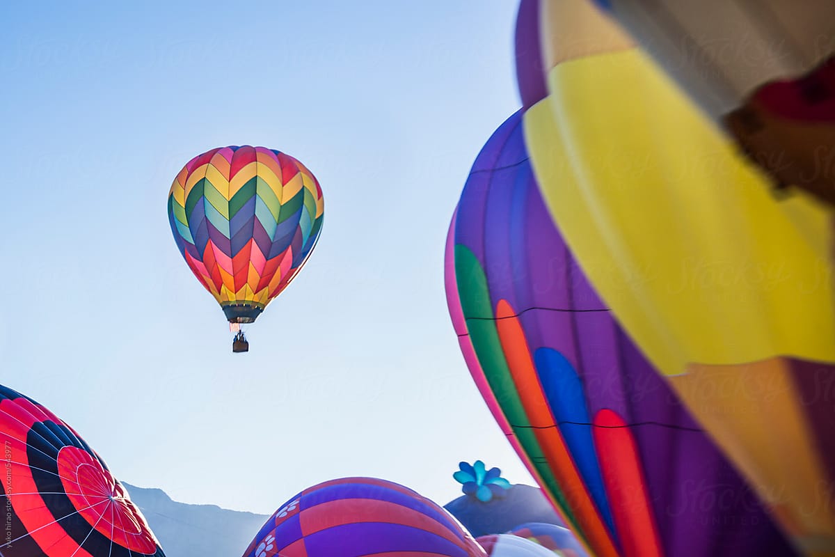 Colorful hot air balloon, flying in the blue sky