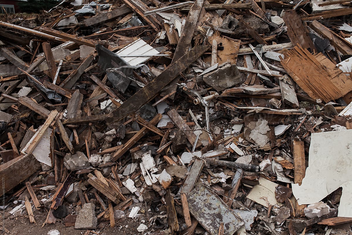 Destroyed building materials from a house demolition