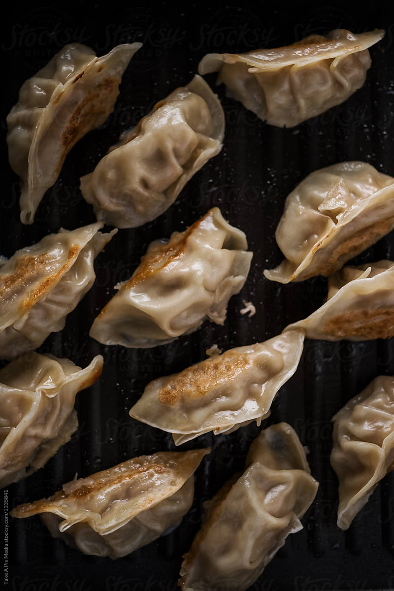 Chinese food pot stickers  in a pan
