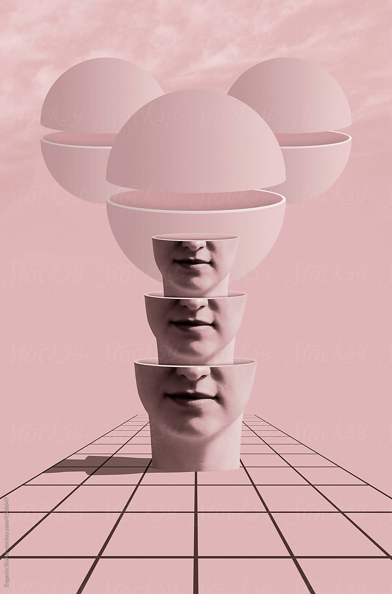 Surrealistic head against flying divided spheres