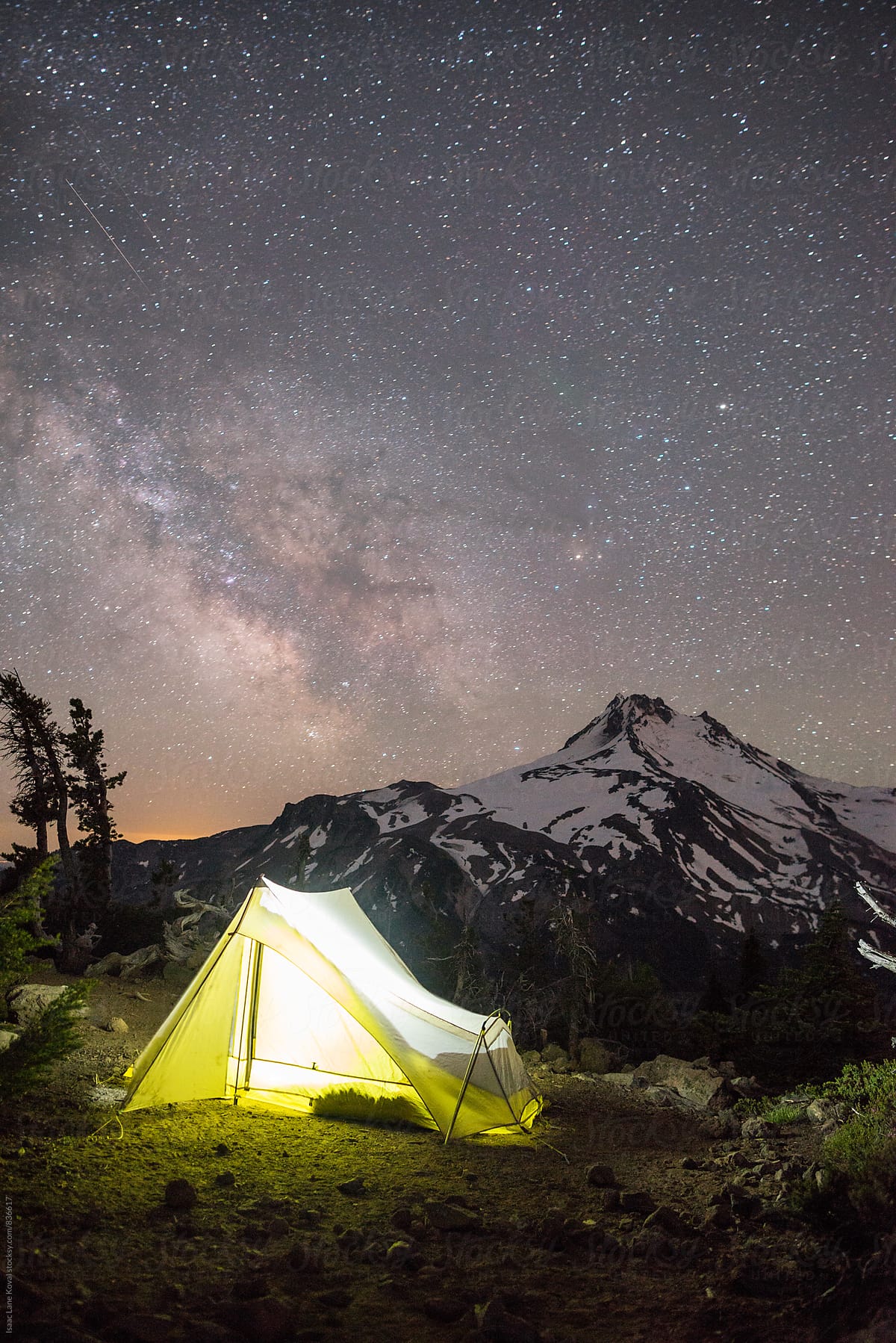 Tent in front of Mt Jefferson with starry night sky
