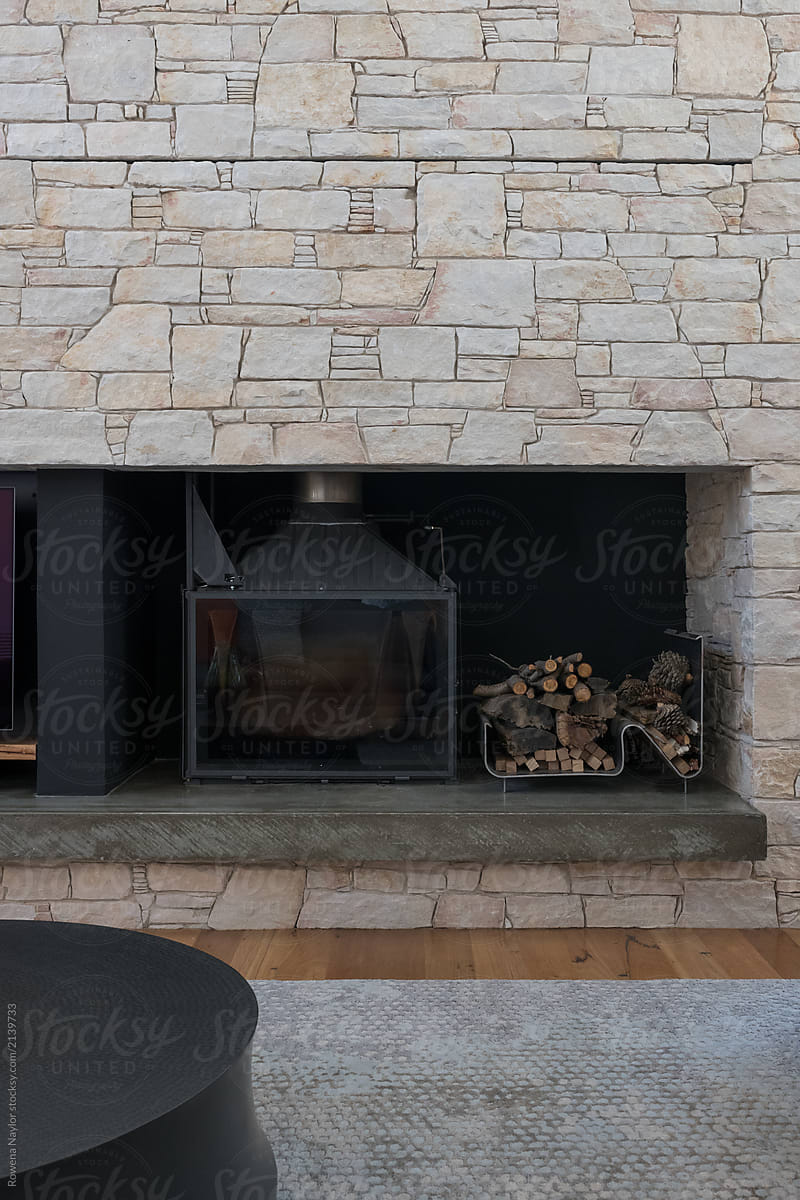 Hand crafted stone fireplace in luxury home