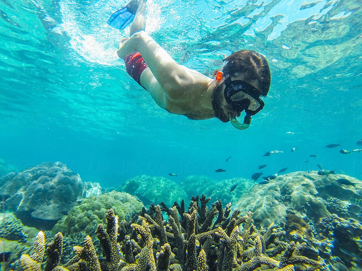 Young man diving and snorkeling on tropical coral reef on the sea with diving mask and tube - underwater view