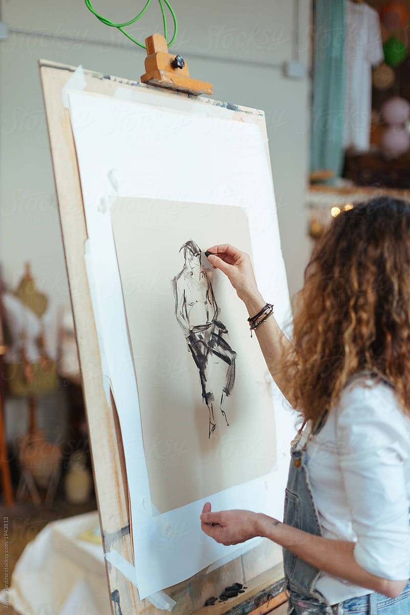 Woman Drawing Model With Artistic Technique On Canvas By Stocksy