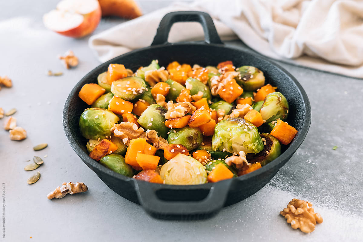 Brussels sprouts with pumpkin, walnuts and sesame seeds