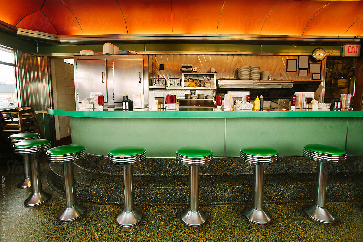 Vintage Diner Interior with stools at counter