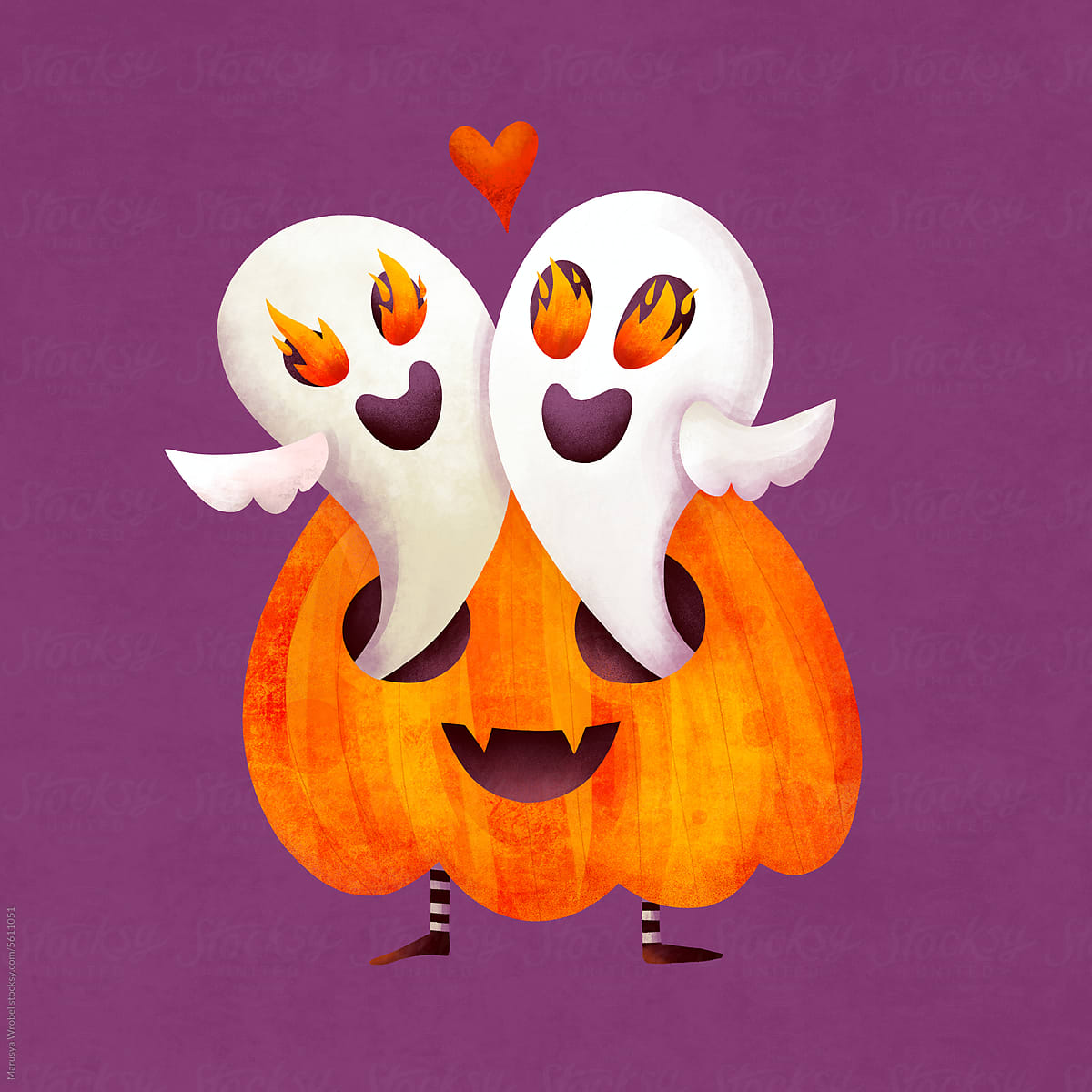 Halloween pumpkin character with ghosts in eyes