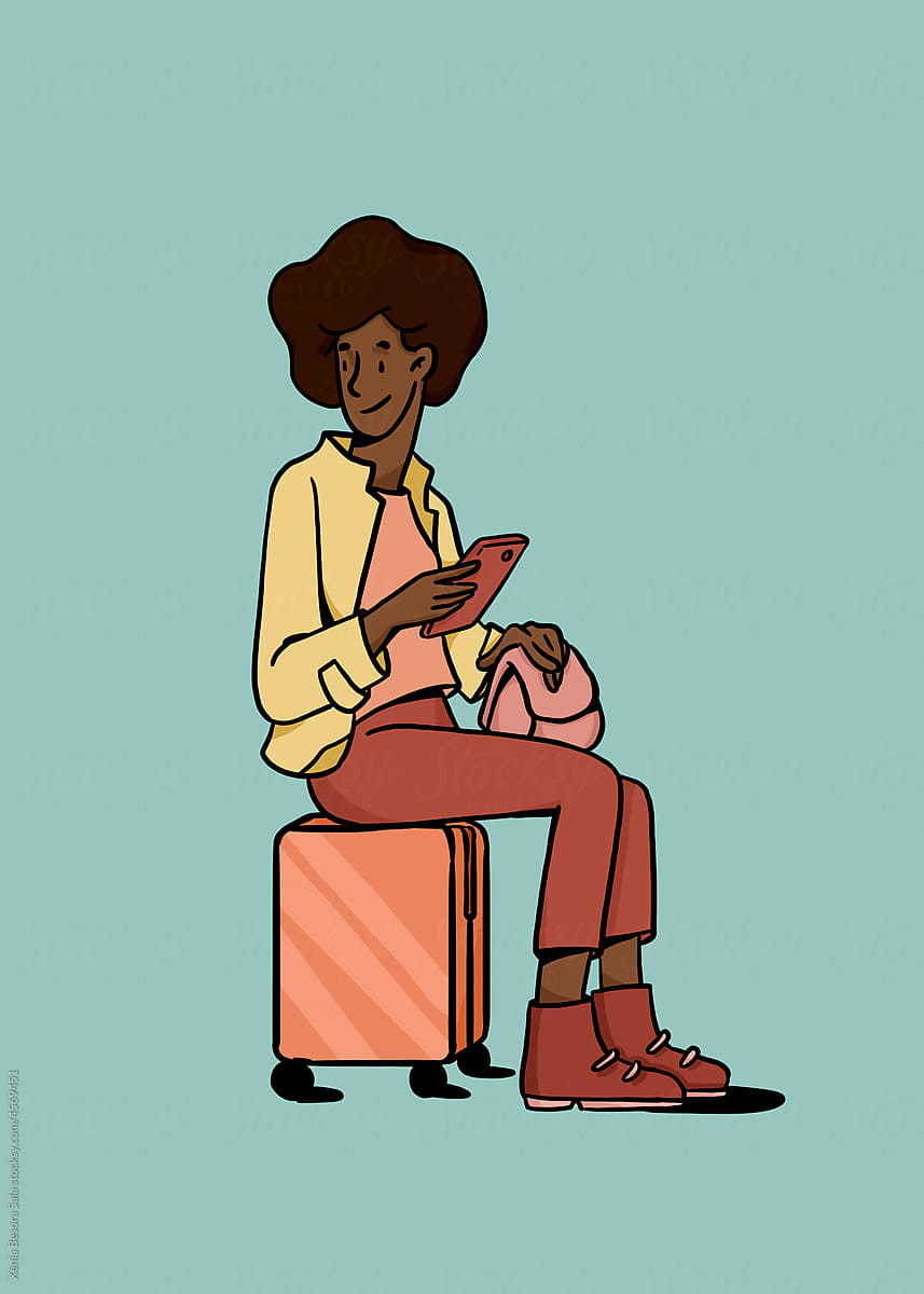 Black traveler sitting on suitcase