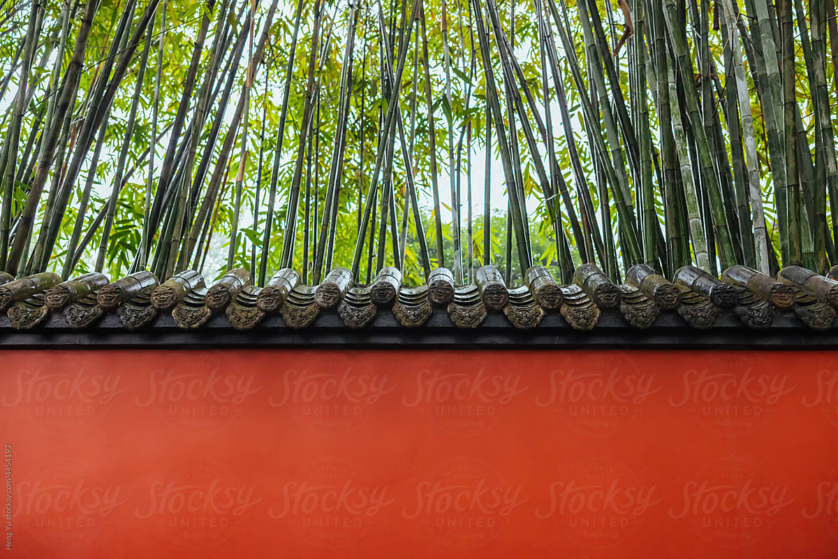 red wall with bamboos behind
