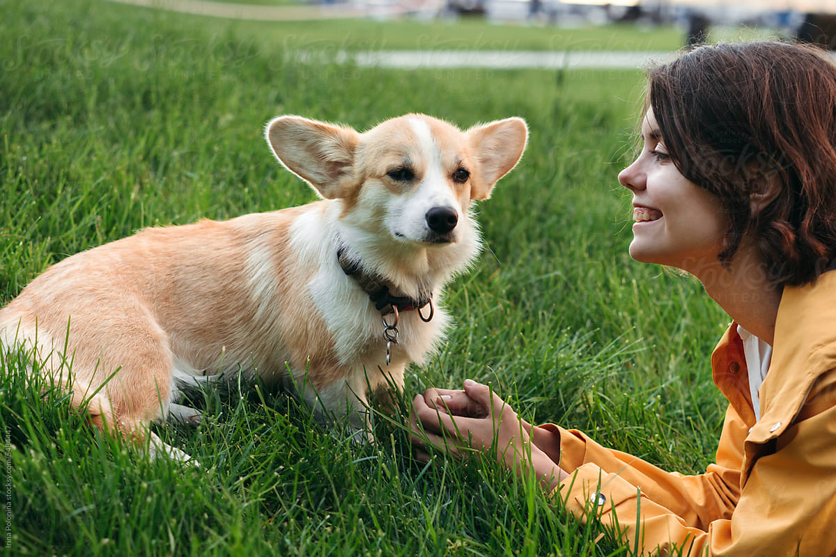 Smiling young woman communicates with pet dog outdoor.