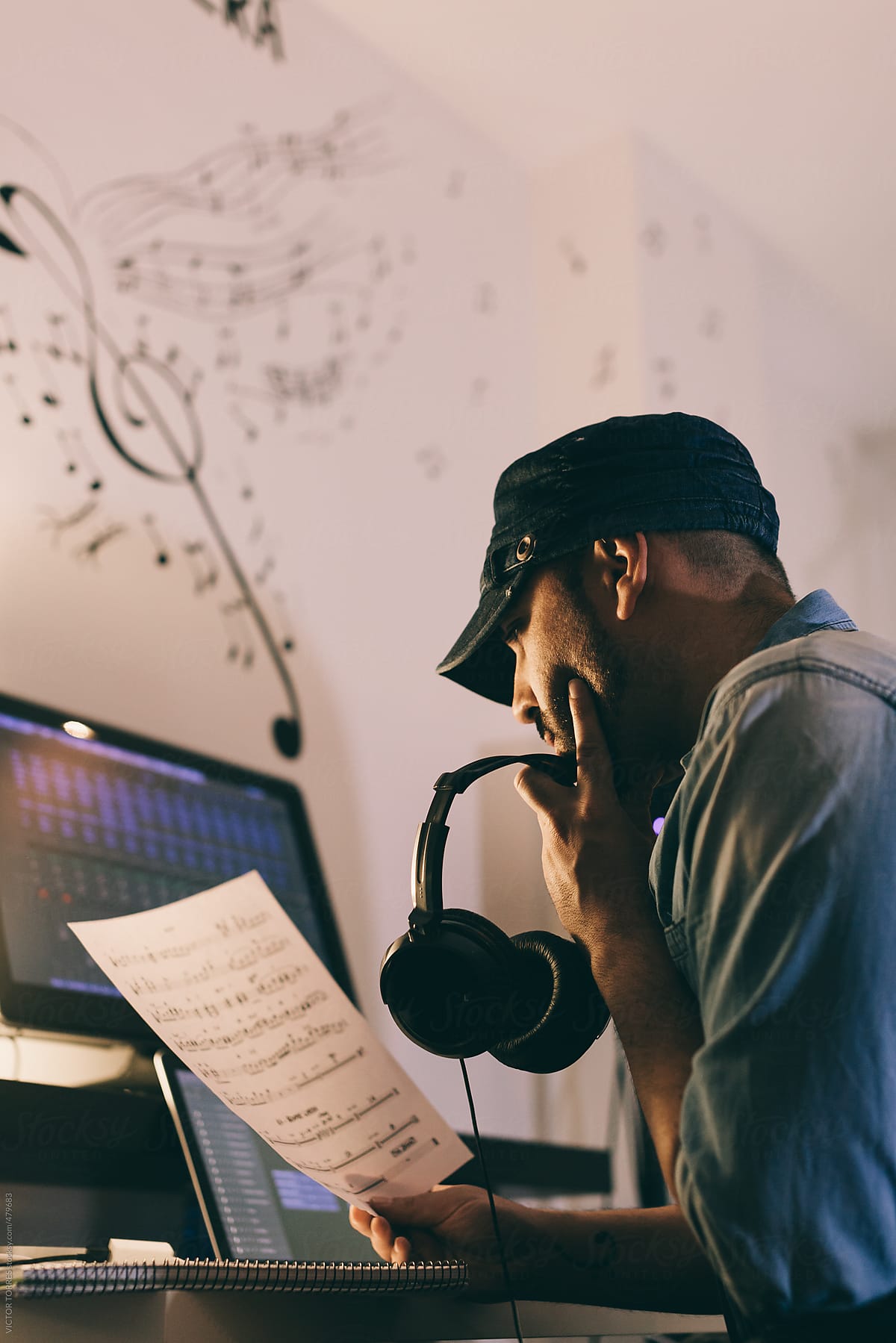 Young Man Producing Music in His Home Sound Studio