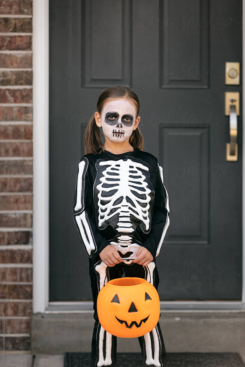 Skeleton: Girl Ready To Go Trick Or Treating On Halloween