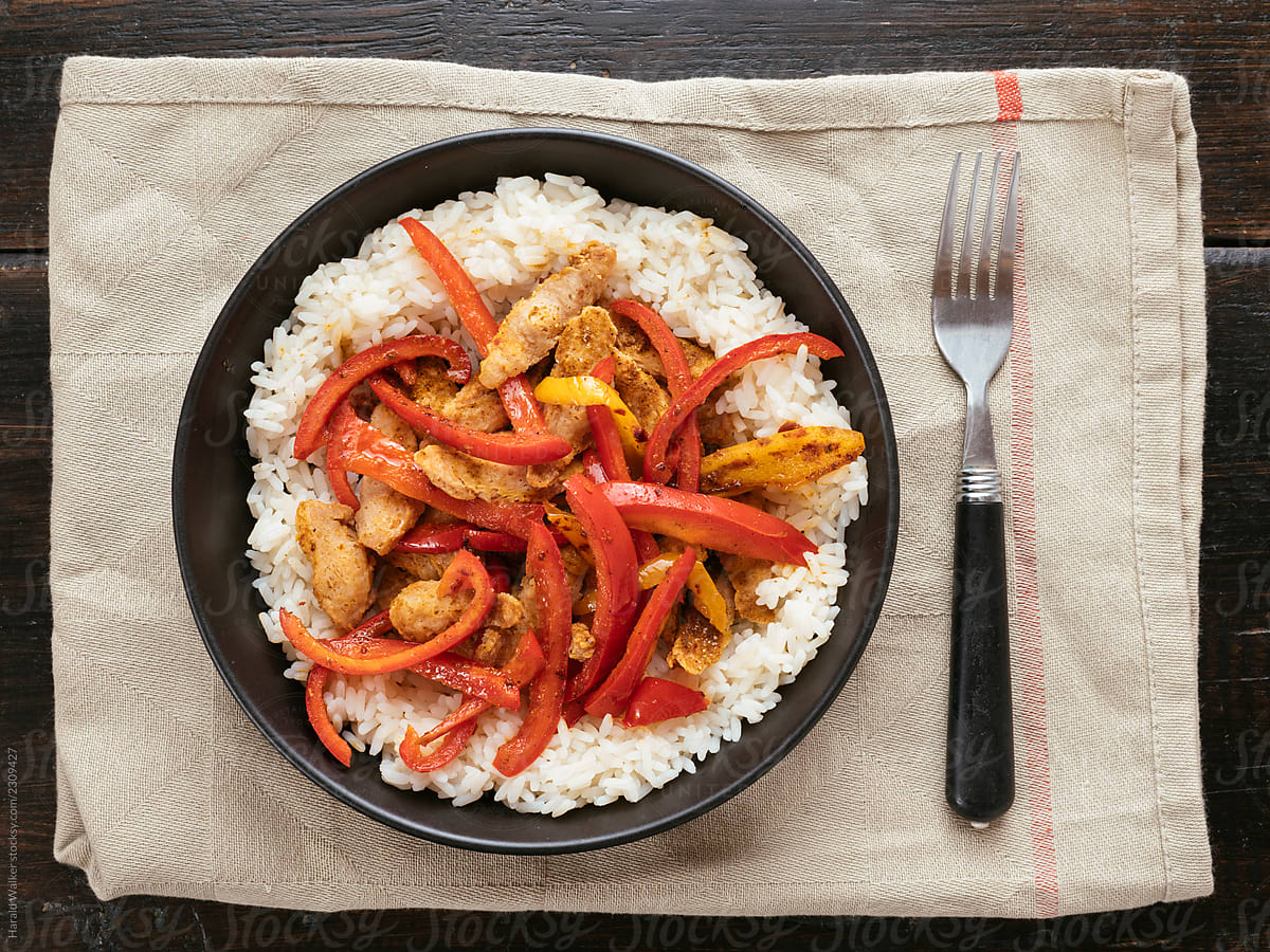 Bell Peppers and TVP Pieces on Rice
