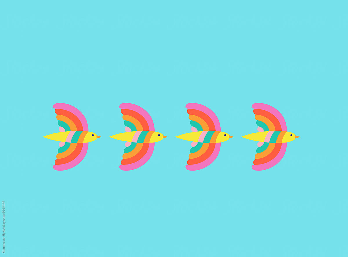 Colorful birds in summer sky illustration