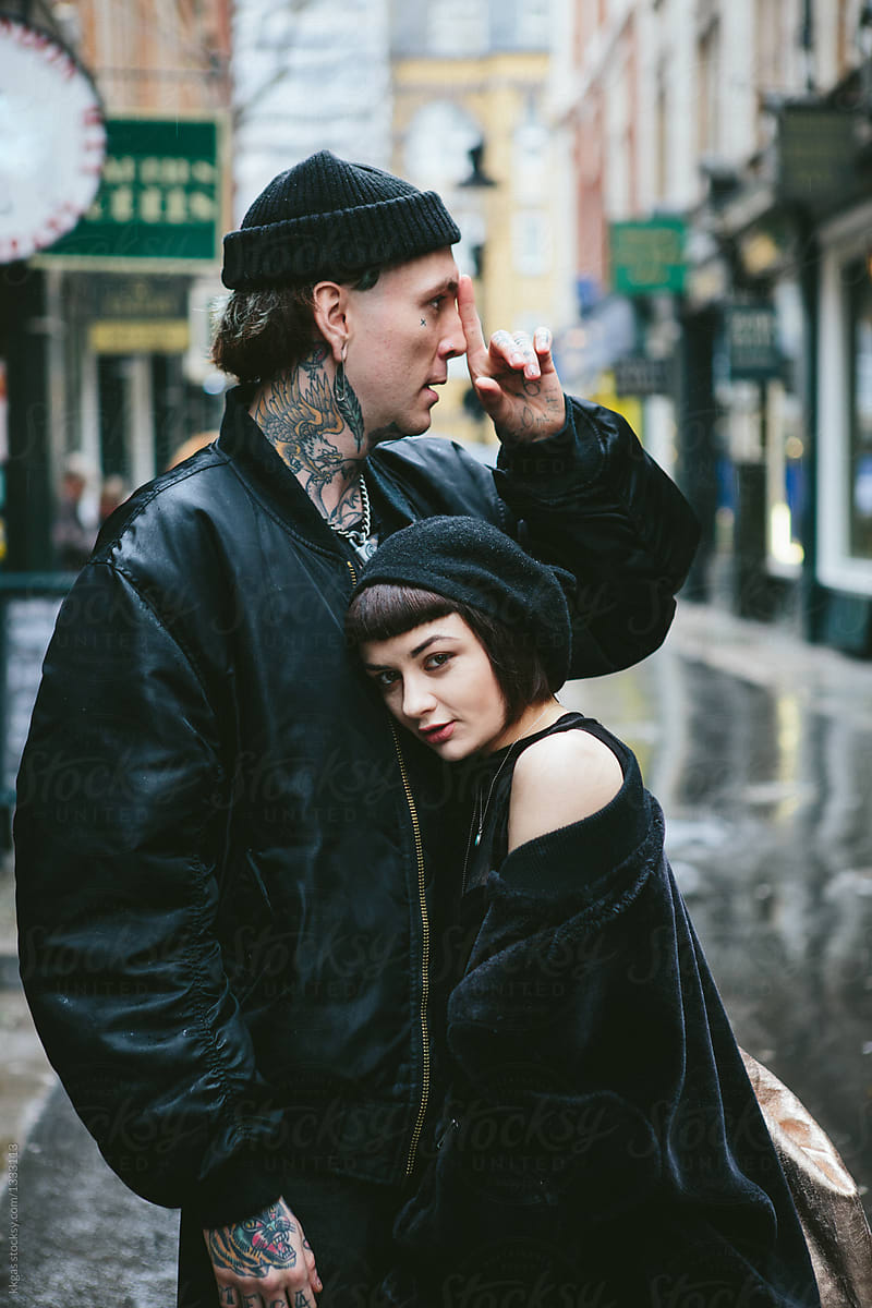 Attractive punk couple around london.