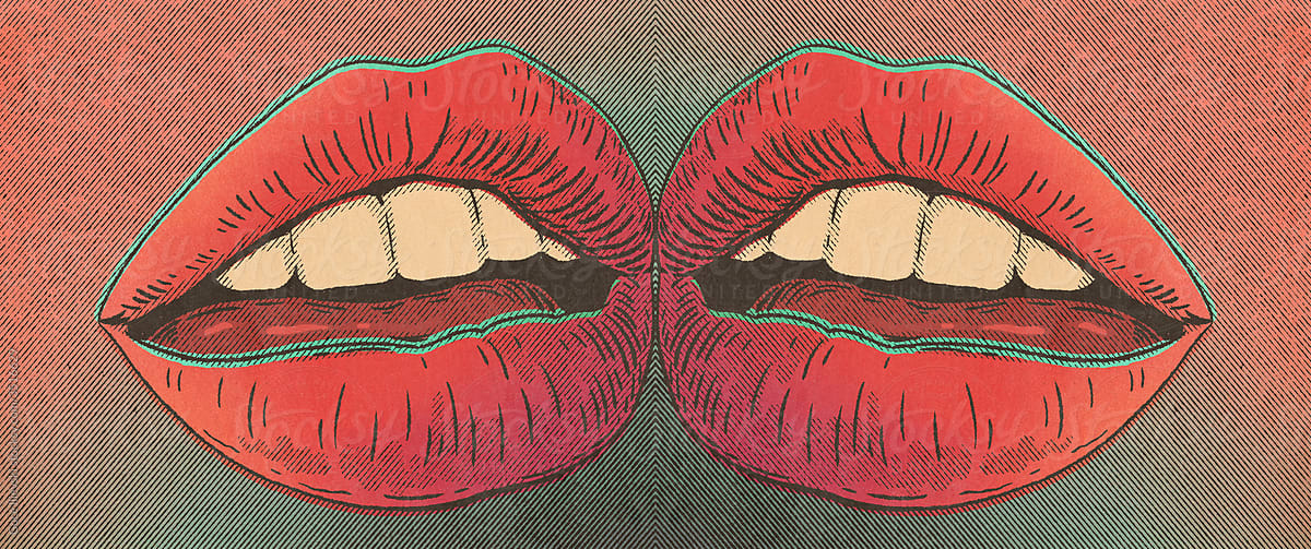 Two Female Mouths With Full Lips Touching Each Other