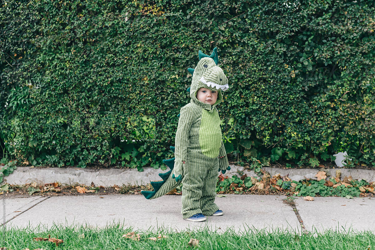 Toddler standing on the sidewalk in a dinosaur costume