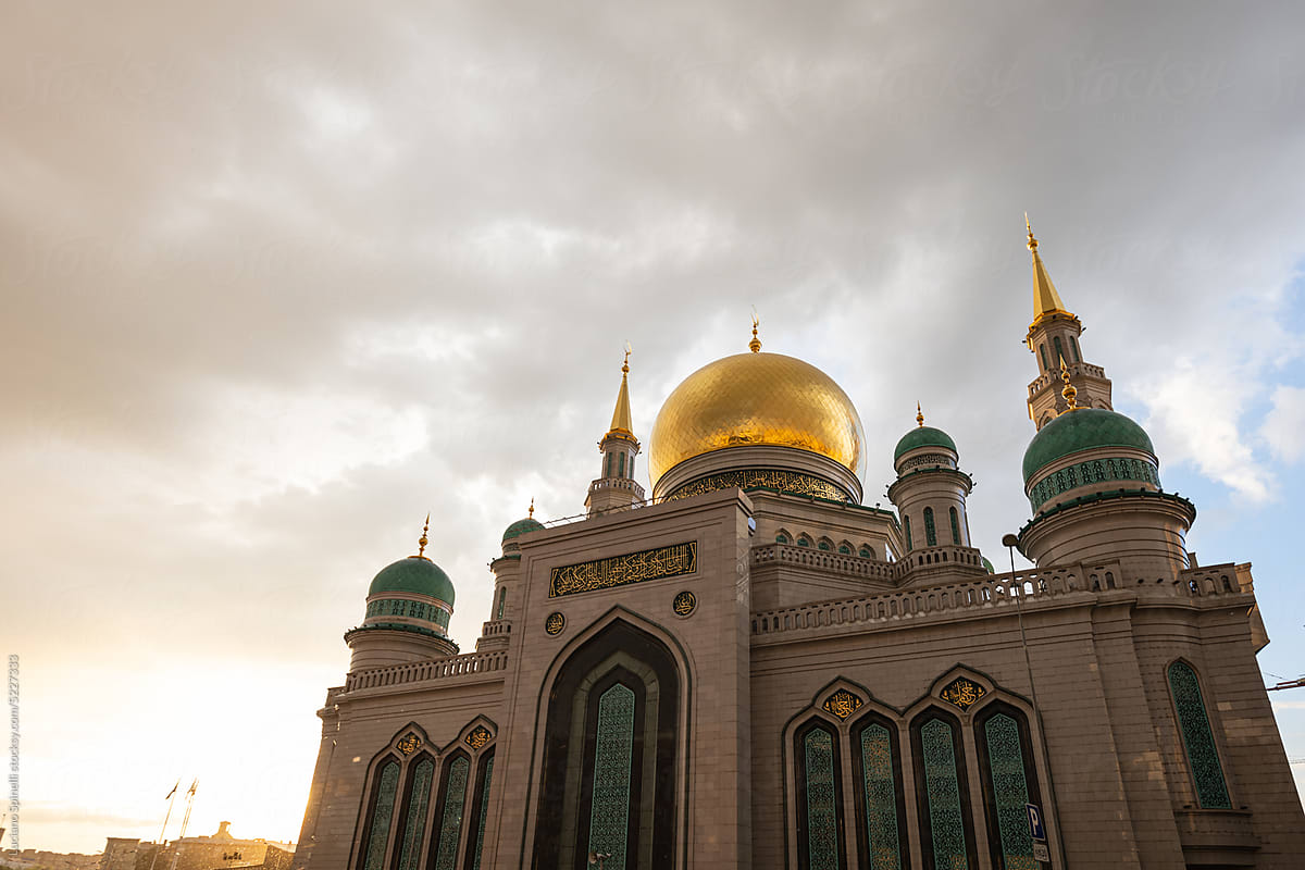 Mosque in Moscow seen during sunny sunset of a rainy day