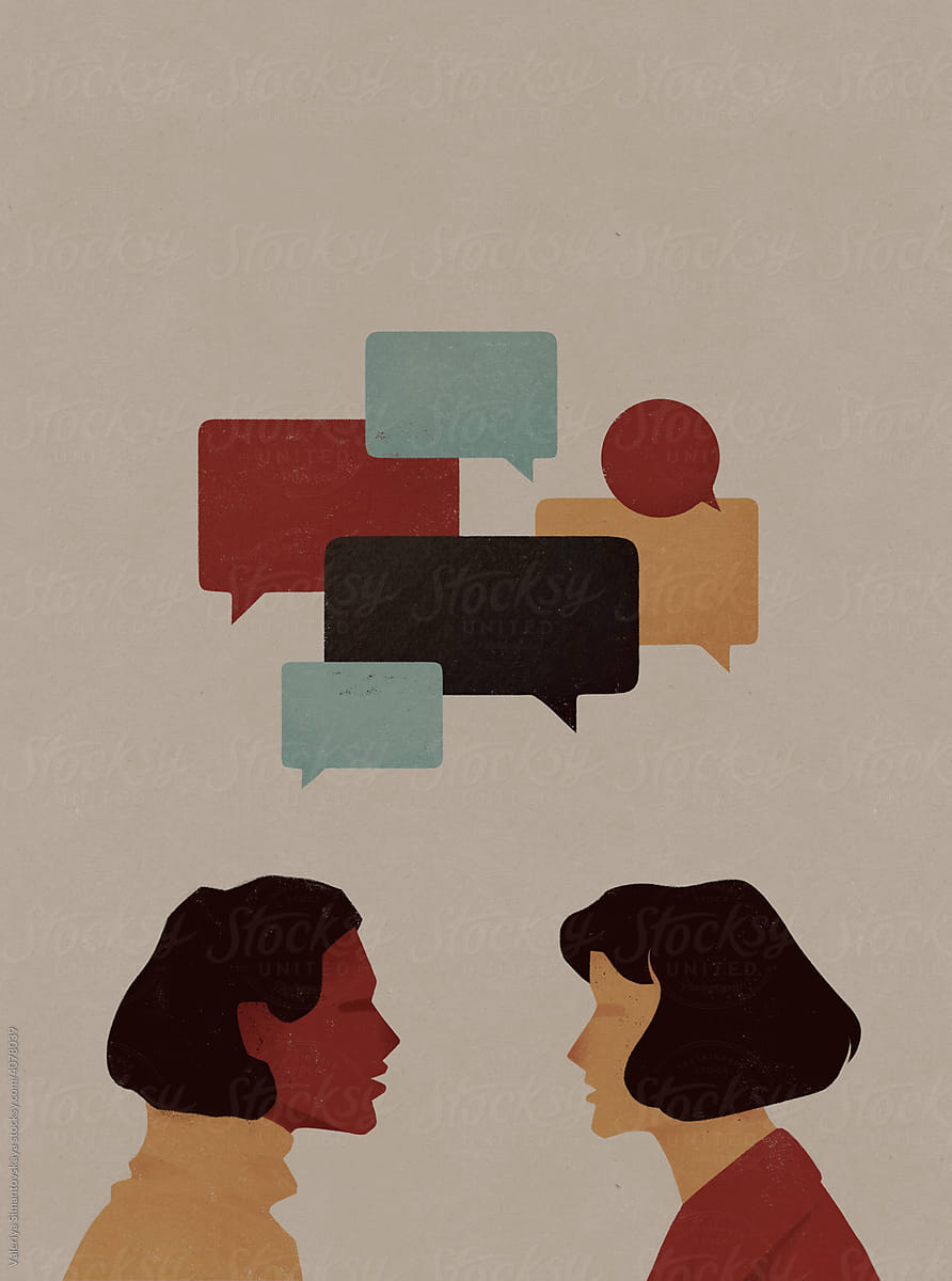 two women talk using speech bubbles