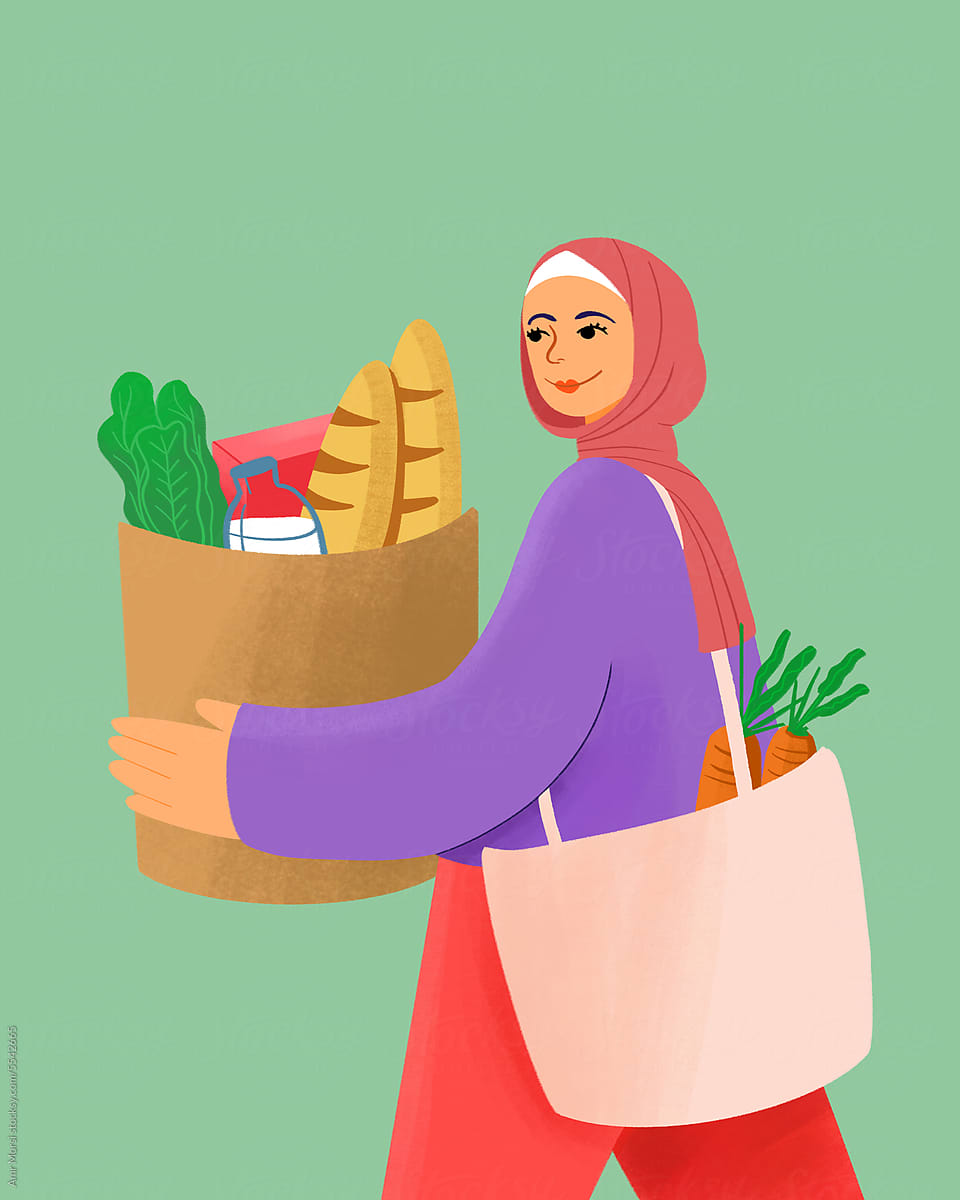 a woman carrying a large bag of groceries, including vegetables