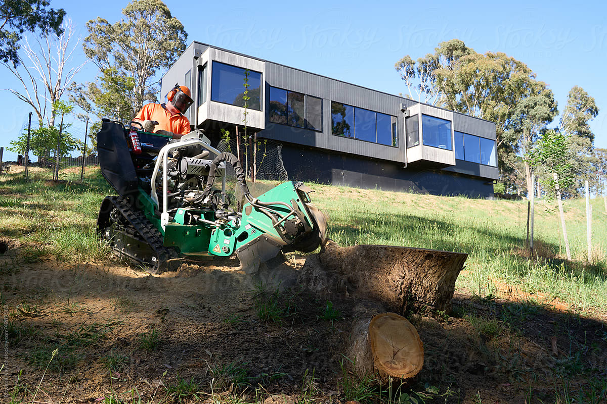 Man tidying landscape at large country property