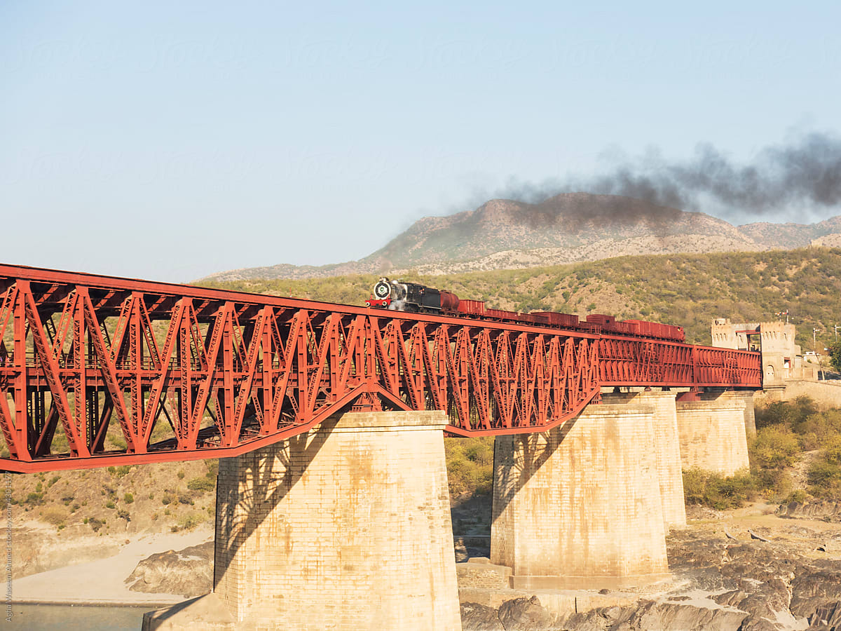 Steam Train at Attock Bridge over Indus River.