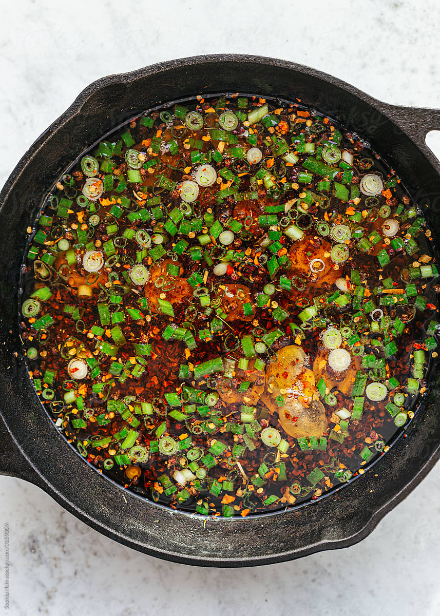 Chinese Chili Oil in cast iron pan