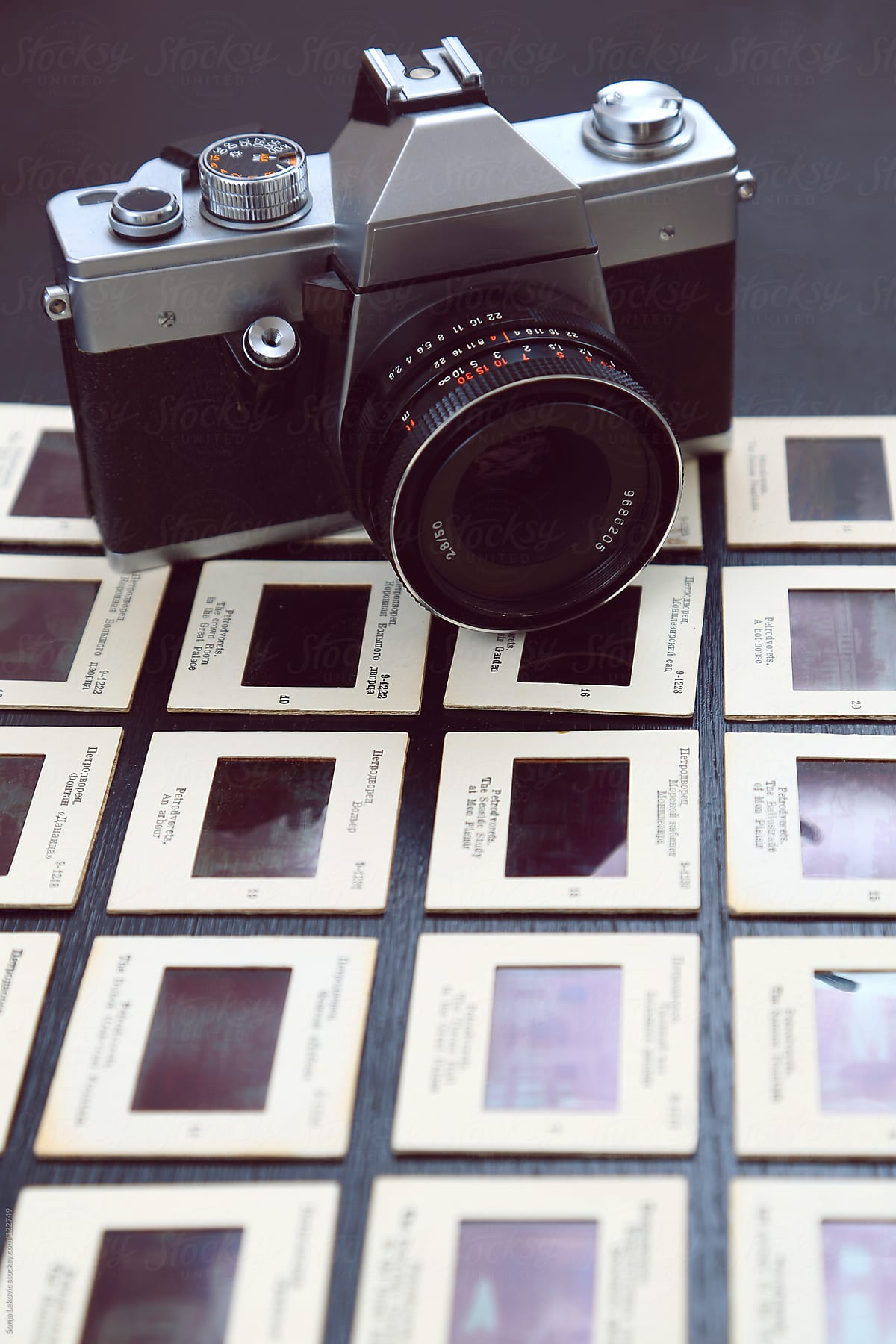retro film camera and slides