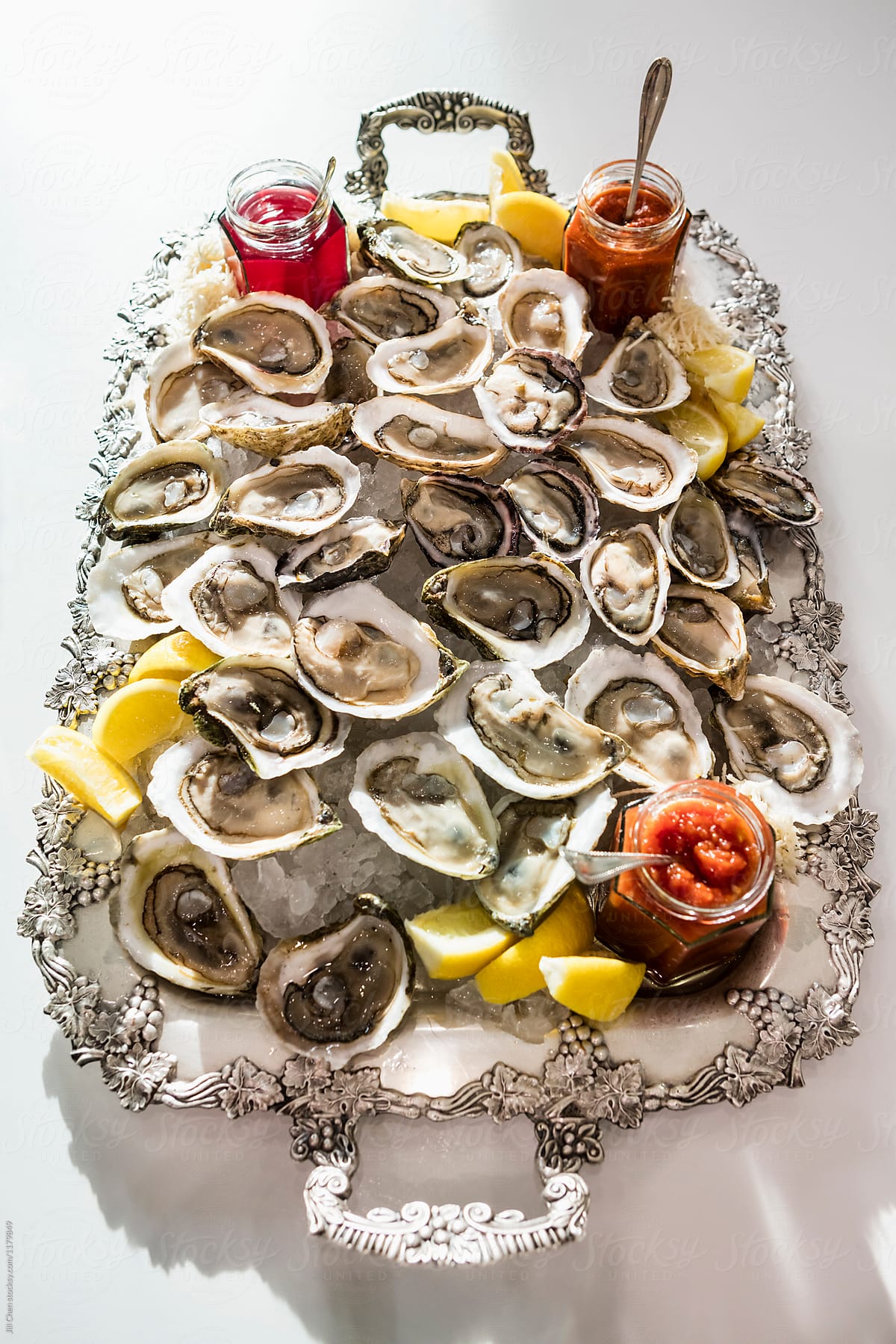 Silver Tray of Raw Oysters on Ice