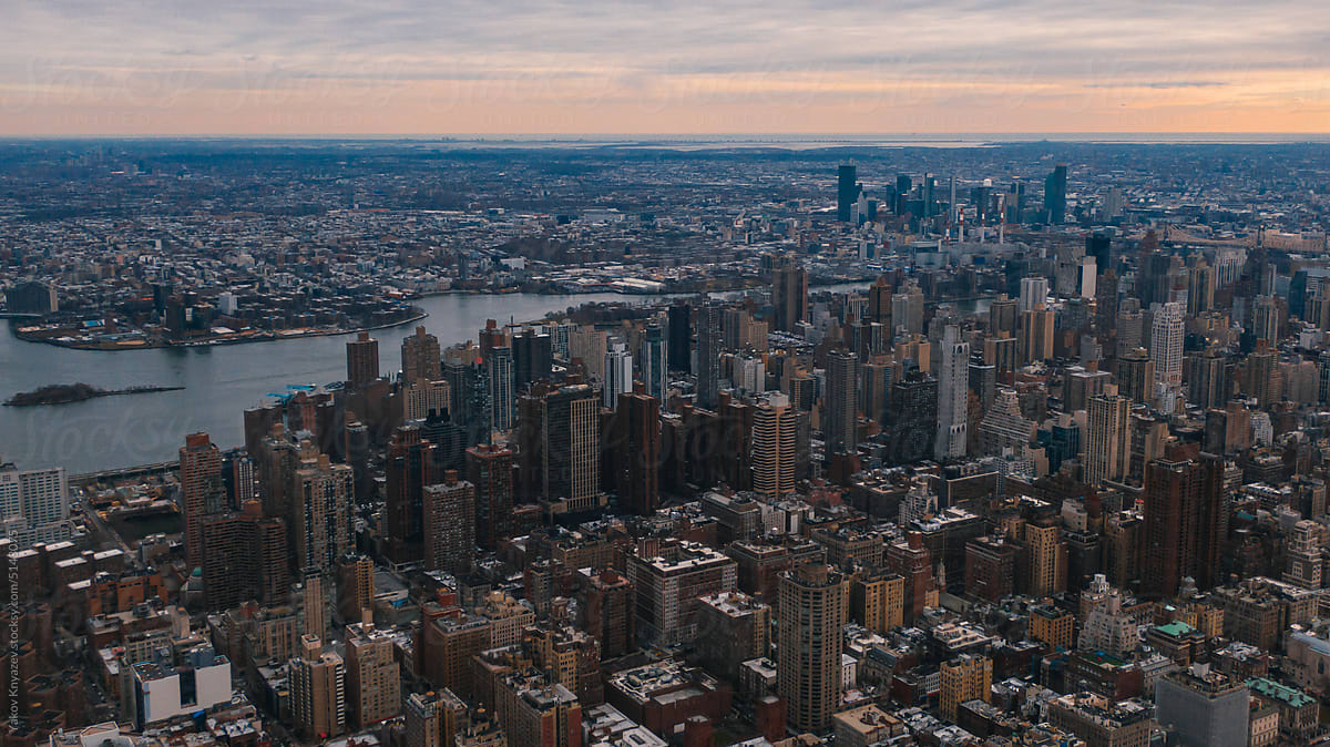 New York city aerial view at the sunset