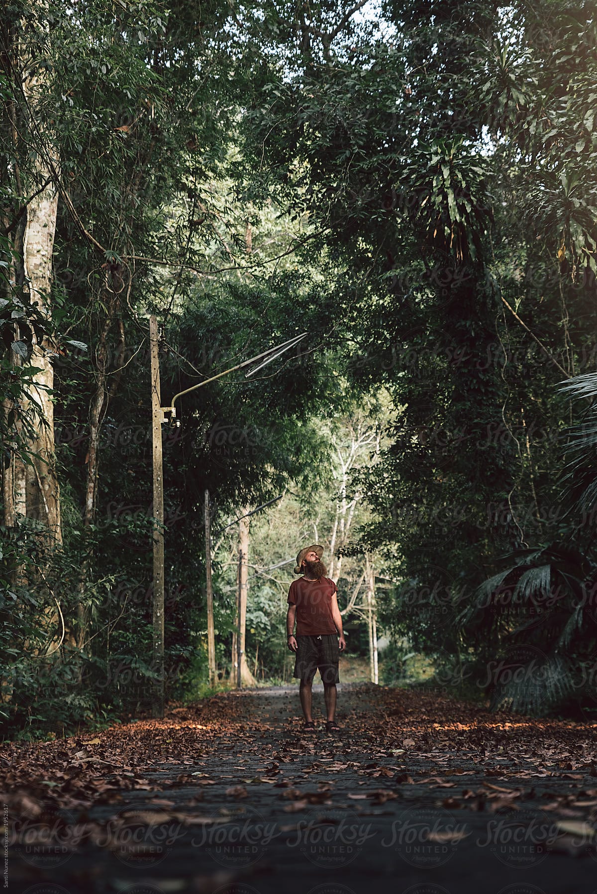 Loneliness bearded hipster walking around the jungle.