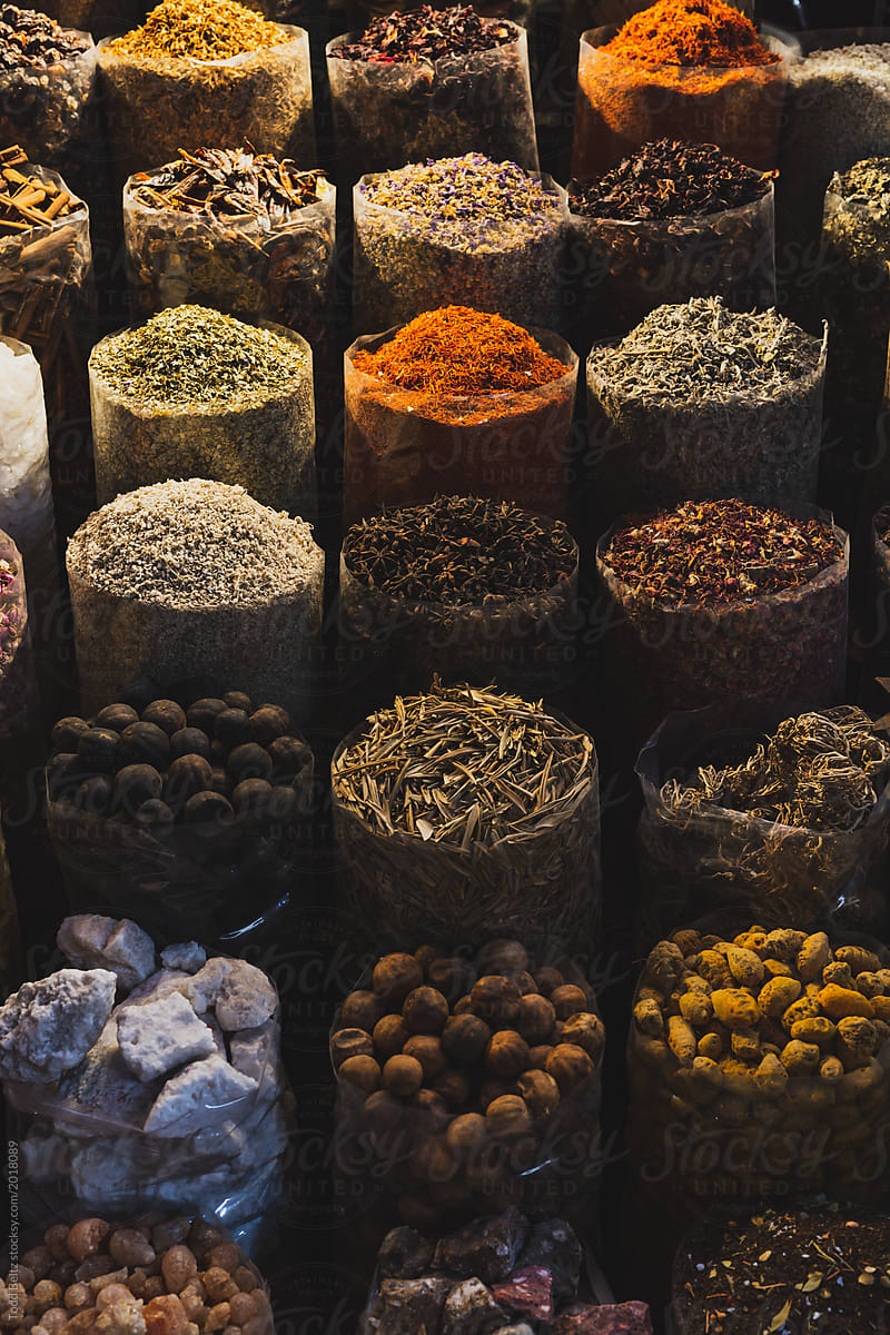 Vertical image of spices in the spice market. Dubai, UAE.