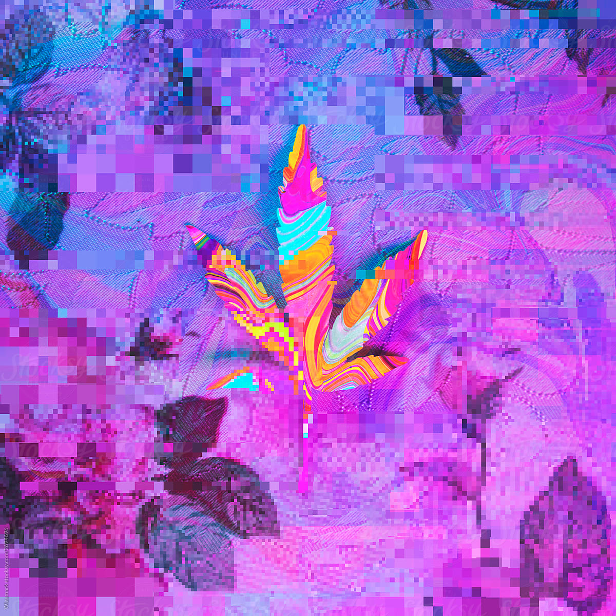 Colorful, pixelated funky, abstract glitched leaf of marihuana.