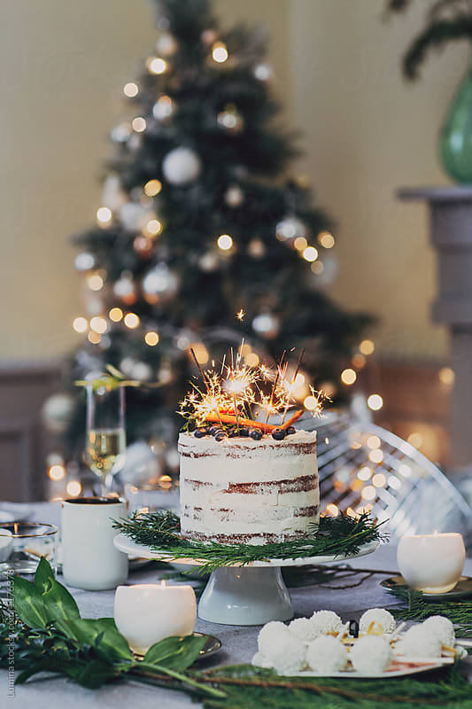 Delicious Christmas Cake Decorated With Sparklers