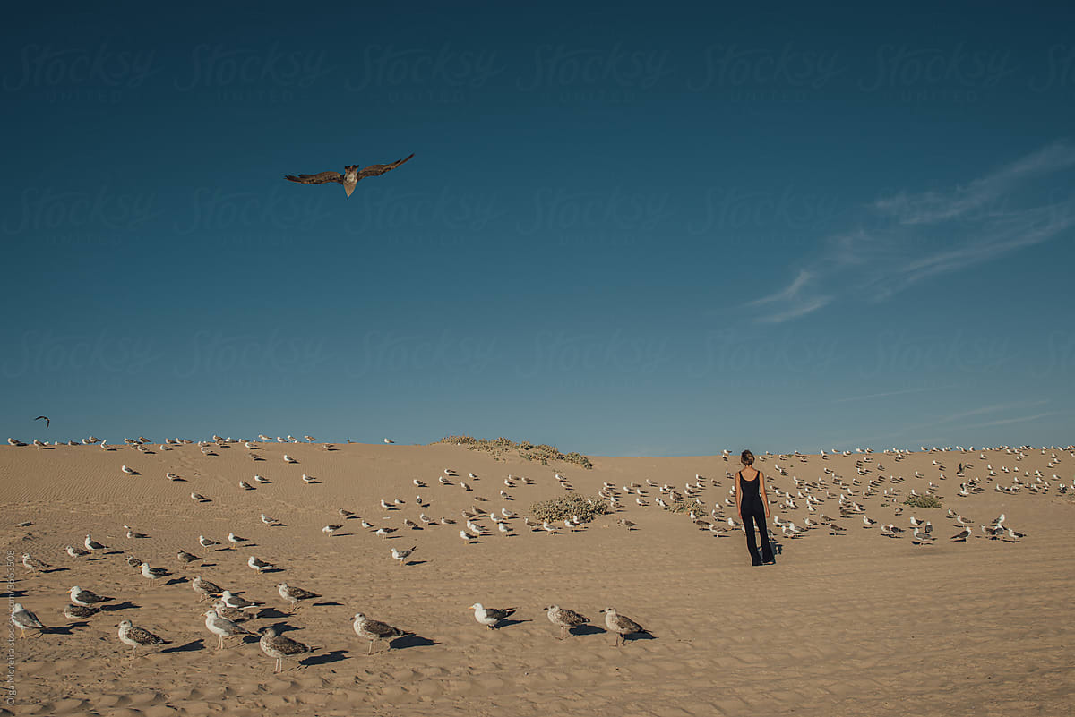 Woman and birds in the desert