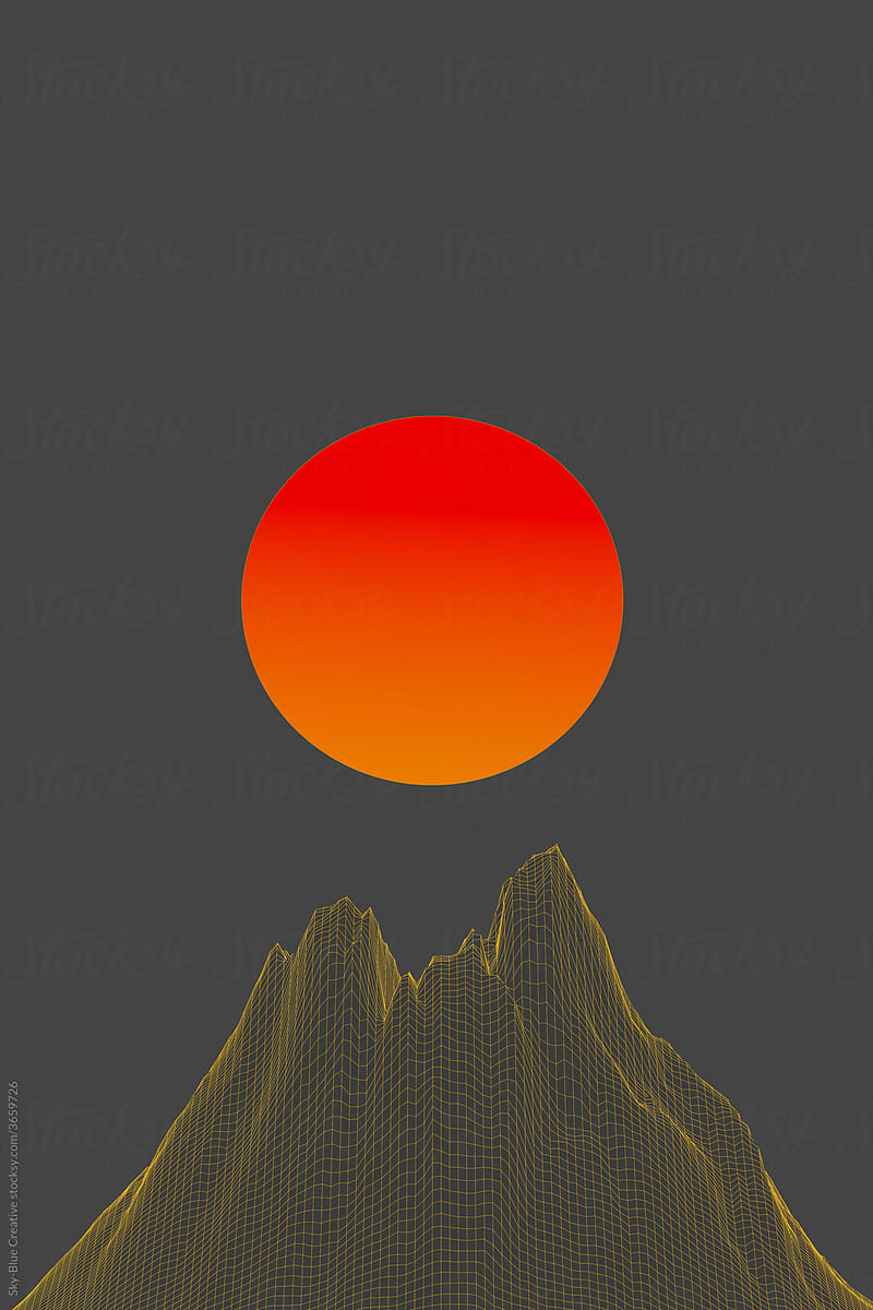 Illustration of volcano against a giant sun