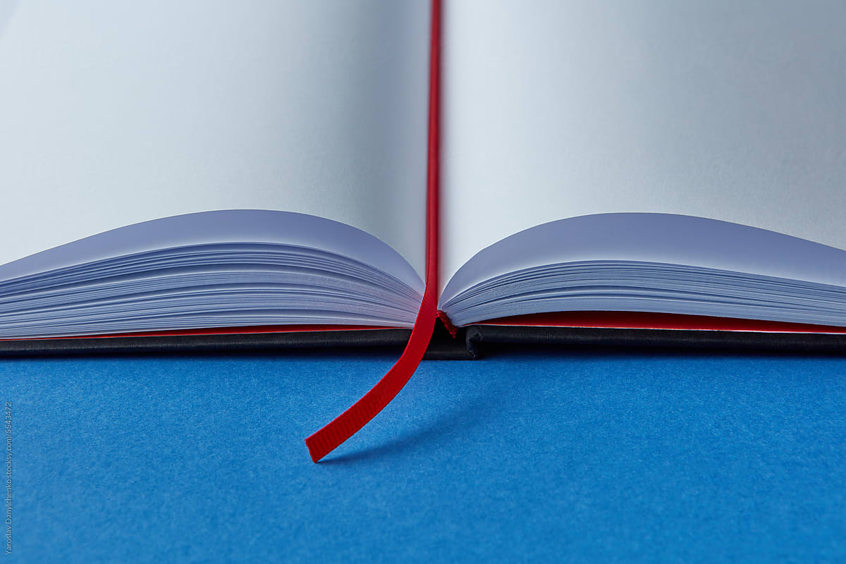 Close-up of open clean book with red bookmark.