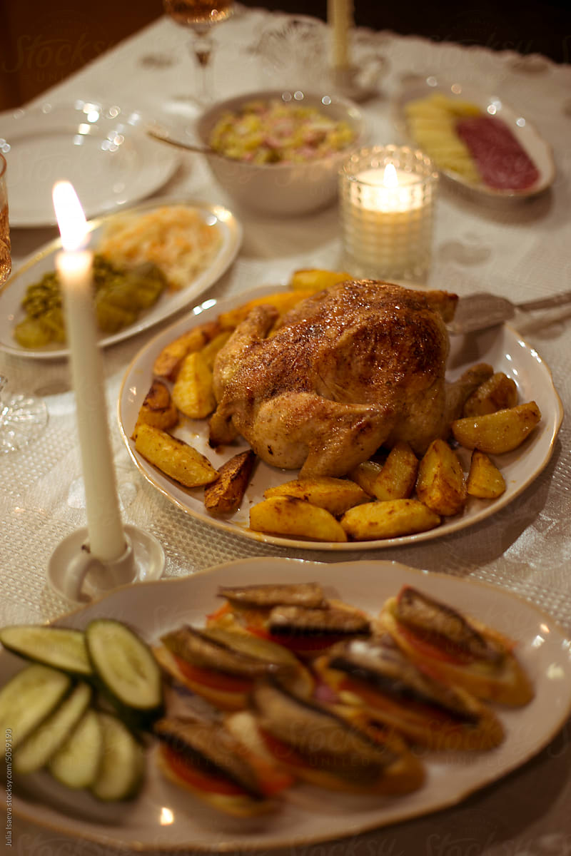 laid festive table with chicken