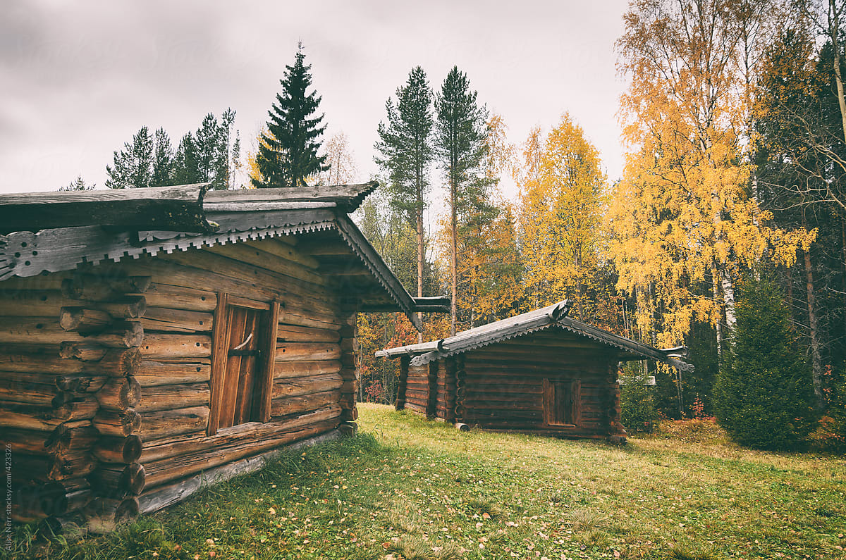 Small old wooden house in a countryside in the autumn