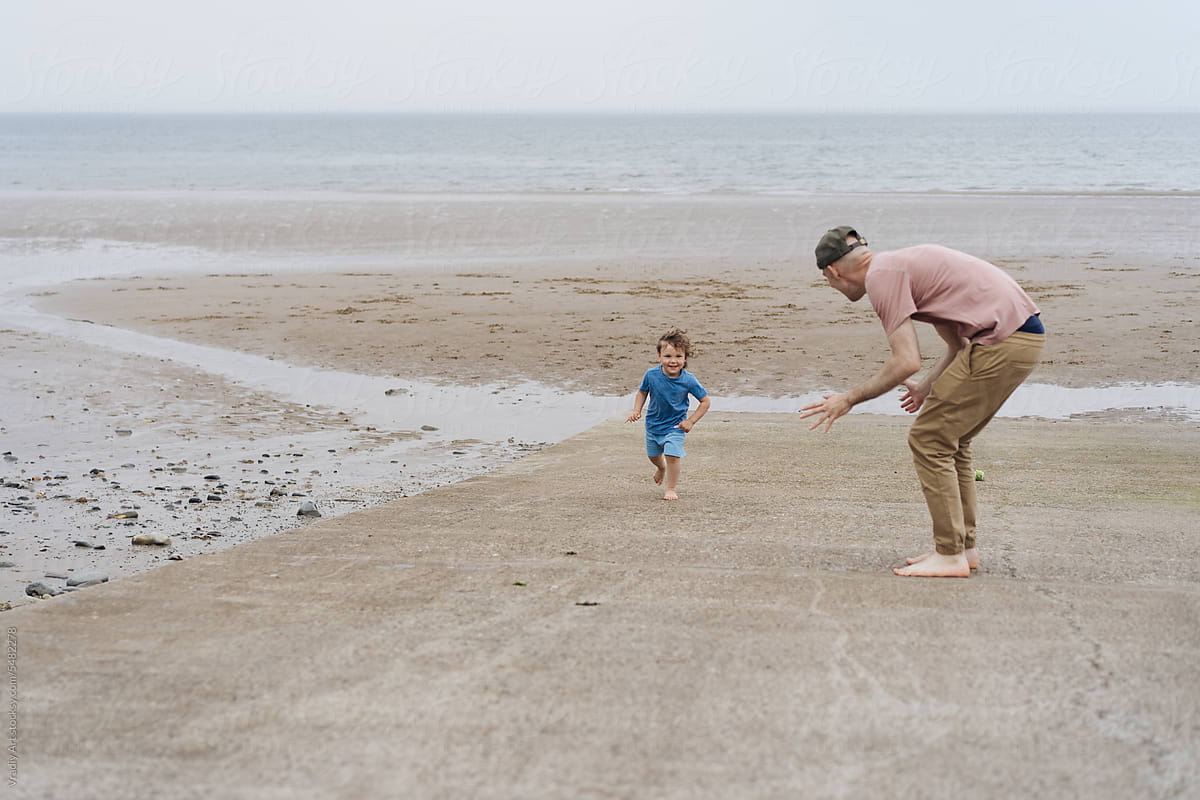 Father playing with little boy on the beach