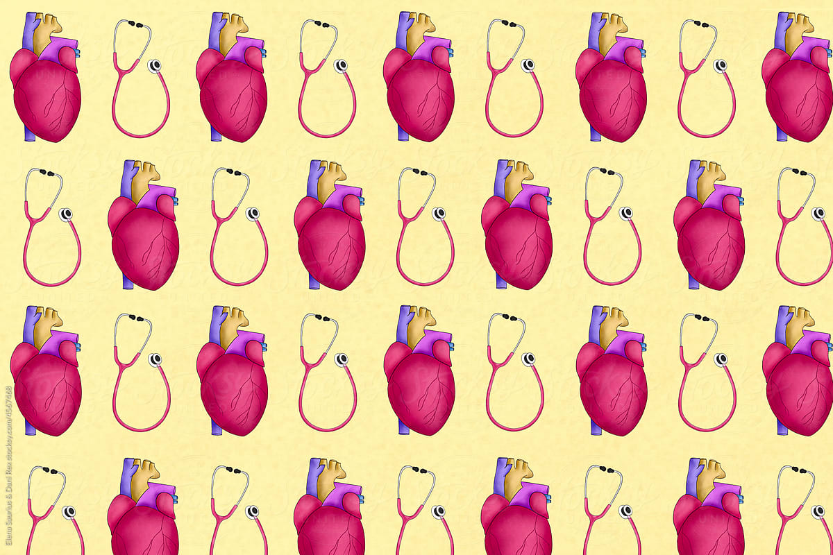 Repeating pattern of hearts and \
stethoscopes. Illustration