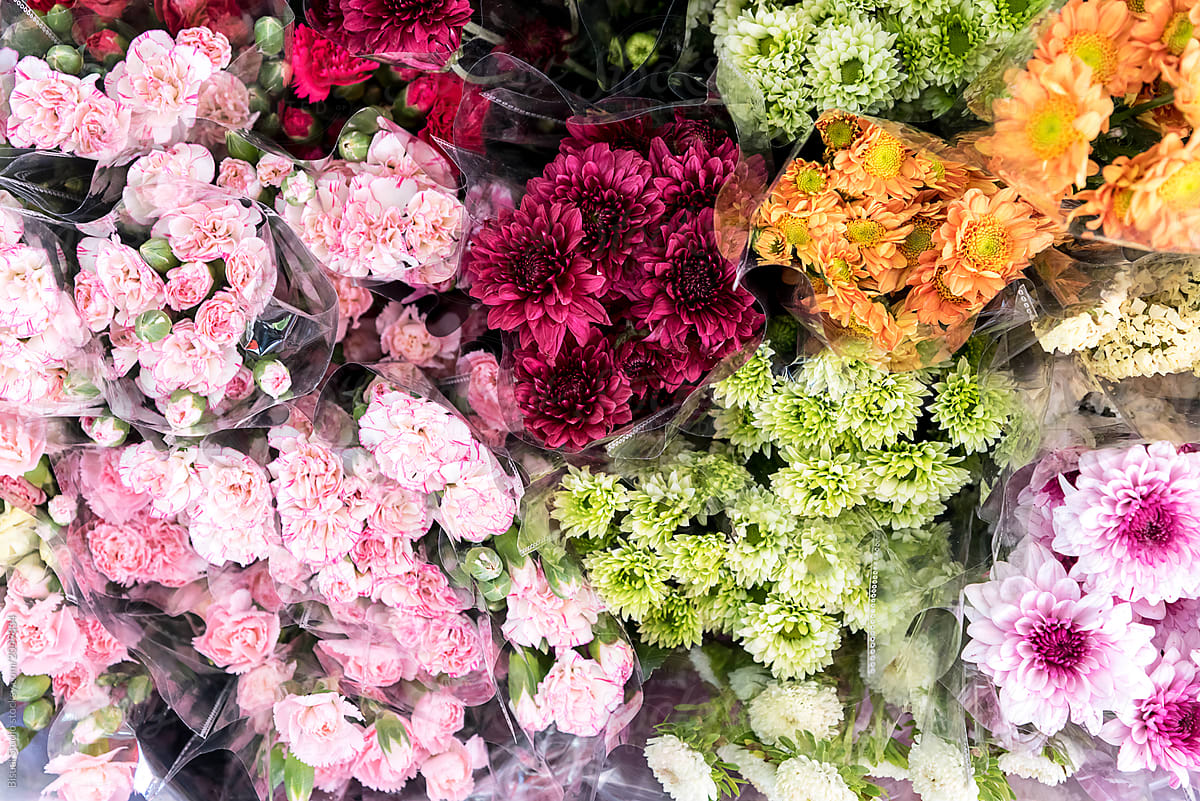 Bouquets of colorful flowers on the market